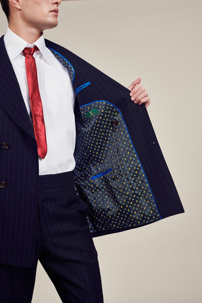 Blue Lined Slim Fit Double Breasted Suit